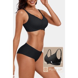 Vertvie Bras for Women Non Wired Seamless Wireless Push Up Bra Comfort Support Full Coverage Bralettes Scalloped Padded Sports Everyday Bra (Black,XL)