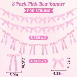 3Pcs Pink Bow Garland Banner,Ribbon Bow Garland Banner for Birthday Bachelorette Party Decorations, Bridal Showers, Satin Bow Party Decorations for Wedding Decorations Engagement Supplies