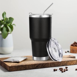 Termo Acero Inoxidable, Termos para Cafe, Vasos de Acero Inoxidable con Tapa y Popote, para Trabajo, Viajes, Hogar, Regalos de Navidad (30oz/850ml, Negro)