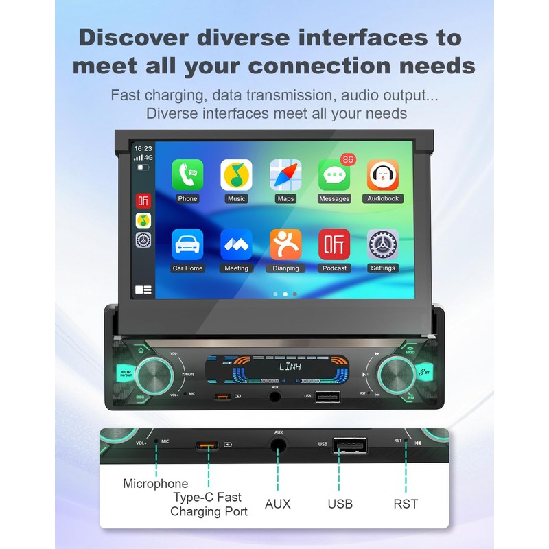 【Upgrade】Y-METDRIVING Single Din Motorized Flip Out Touchscreen Car Radio with