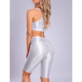 FEOYA Women Metallic Outfit Sequin Hip Hop Dance Clothes Set Oil Shiny Crop Top Silver Sports Bra Top and Knee Length Biker Shorts Set 2 Piece