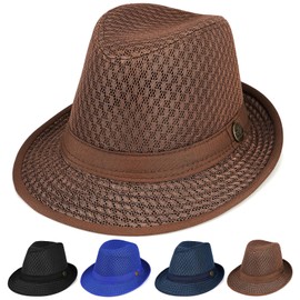 Initlove Mesh Fedora Hat for Men Short Brimmed Panama Hat Packable Trilby Hat Coffee