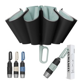 QWB TUMAAOTU Inverted Umbrella with Carabiner Handle, Wind Proof Umbrellas For Rain, 46 Inch Portable Reverse Folding Umbrella, Car Umbrella for Women Men, 10 Ribs (UV Green)