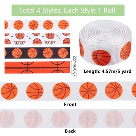 PH PandaHall 7/8 Inch Basketball Ribbons, 4 Styles Grosgrain Ribbon Sports Ball Ribbon Polyester Ball Crafts Ribbon Sports Hair Ribbon for Gift Wrapping, Crafting, Sewing, Party Decor, 20 Yards