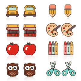 Whaline 8 Pairs Teacher Earring Studs School Bus Pencil Apple Owl Wood Earrings Cute Back to School Wooden Earrings for Women Girls First Day of School Party Jewelry Gift Accessories