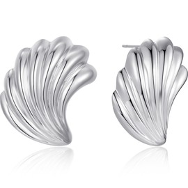 Ribbed Bold Stud Earrings | Rhodium-Plated Grooved Earrings | Gold Feather Textured Statement Earrings