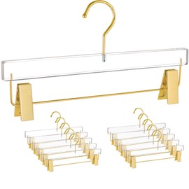 Besser 10 Pack Gold Acrylic Hangers,Clear Hanger with Gold Hook,Luxurious Skirt Pants Hangers Clips for Clothing Closet Storage