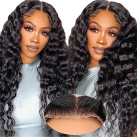 Glueless Curly Wigs Human Hair 7x5 Wear and Go Wig Human Hair Pre Plucked Pre Cut Black Deep Wave Closure Lace Front Wigs Human 12a 220% Density Loose Curly Wig Bleached Knots for Women 20 Inch