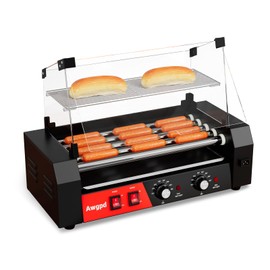Hot Dog Roller 5 Rollers 12 Hot Dogs Capacity, 750W Stainless Sausage Grill Cooker Machine with Dual Temp Control Glass Hood Acrylic Cover Bun Warmer Shelf Removable Oil Drip Tray (5 Rollers)