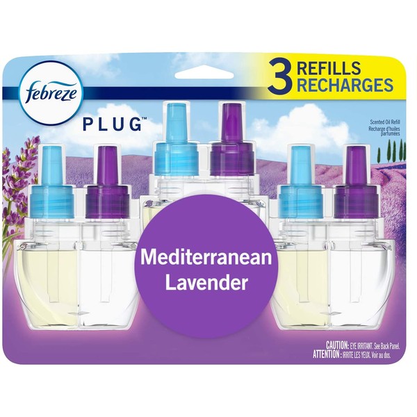 Febreze Plug in Air Fresheners, Mediterranean Lavender, Odor Eliminator for Strong Odor, 3600 Hour Supply, Scented Oil Refill (3 Count)