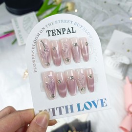 TENPAL Gradient Purple Press on Nails Long Almond Cat Eye Mermaid Tail Designs Fake Nails Detachable Acrylic Shimmery Glitter False Nails with Tools Handmade Glossy Artificial Glue on Nails(L)