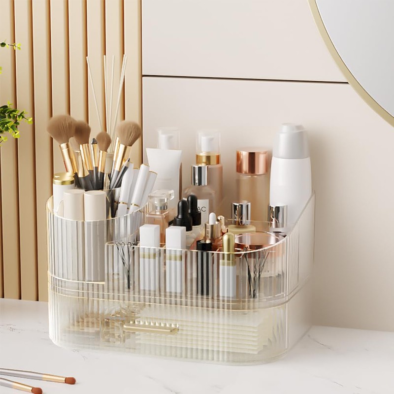 STORICANS 360° Rotating Makeup Organizer with Drawer, Clear Acrylic Cosmetic