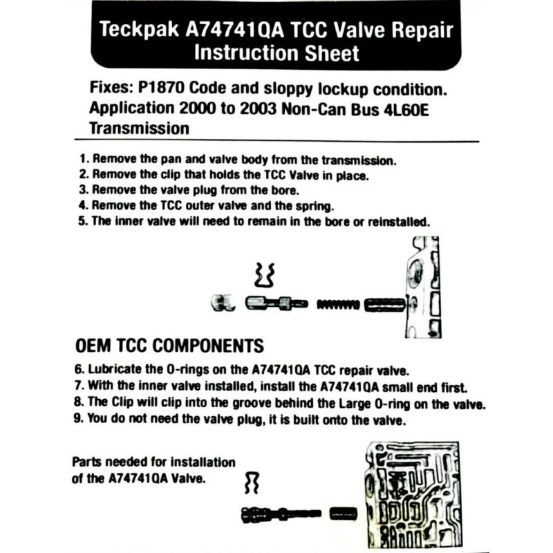 TeckPak Fitzall 4L60E Transmission TCC Valve Repair 2000-2003 P1870 Code