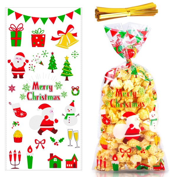 MELLIEX Pack of 50 Christmas Cookie Bags, Cellophane Bags, Candy Bags, Children's Biscuits, Transparent Bags for Filling, with 50 Twist Ties