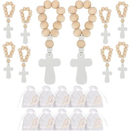 Baptism Favors,10pcs Wooden Rosary Beads with Cross Pendant and White Mesh Bags, Rosary Favors Band Wooden Bulk Catholic Rosary Beads for Baptism First Communion Confirmation Baby Shower Christening