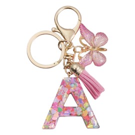 ORUZA Alphabet Initial Letter Keychain, Pink Initial Letter Keyring with Butterfly Tassel Pendant Resin Letter Key Ring for Women Wallet Purses Letter A
