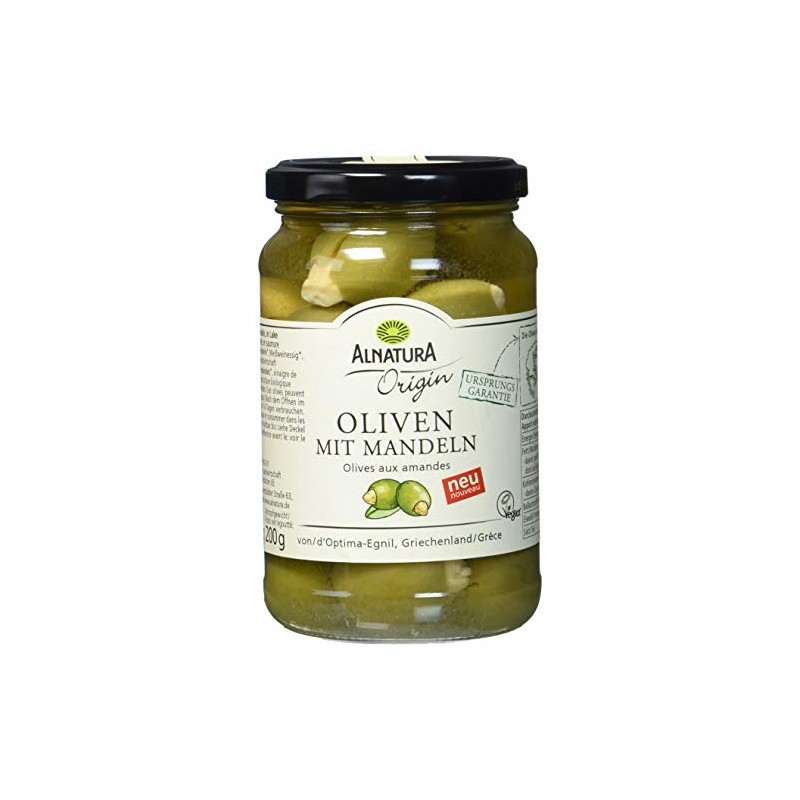 Alnatura Green Olives with Almonds Organic, 350 g (Draining Weight