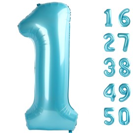40 Inch Light Blue Number 1 Balloon Jumbo 10 11 12 16 48 Foil Balloons for Milestone Decorations Birthdays, Corporate Events, Photo Booths Party Supplies