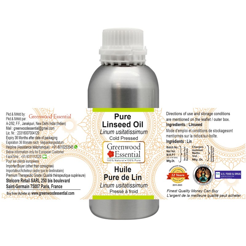 Greenwood Essential Pure Linseed Oil (Linum usitatissimum) Cold Pressed 300ml