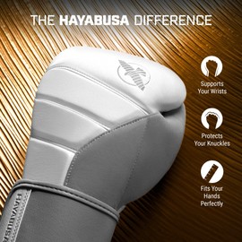 Hayabusa T3 Boxing Gloves for Men and Women Wrist and Knuckle Protection, Dual-X Hook and Loop Closure, Splinted Wrist Support, 5 Layer Foam Knuckle Padding - White/Grey, 12 oz