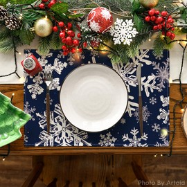 Artoid Mode Navy Blue Snowflakes Winter Placemats Set of 8, 12x18 Inch Christmas Table Mats for Party Kitchen Dining Decoration