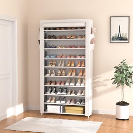 ROJASOP Shoe Rack with Covers 10 Tier Large Shoe Organizer Tall Shoe Closet Storage for 50-55 Pairs Shoe and Boot, Free Standing Shoe Rack Organizer for Closet, Entryway, Bedroom, White