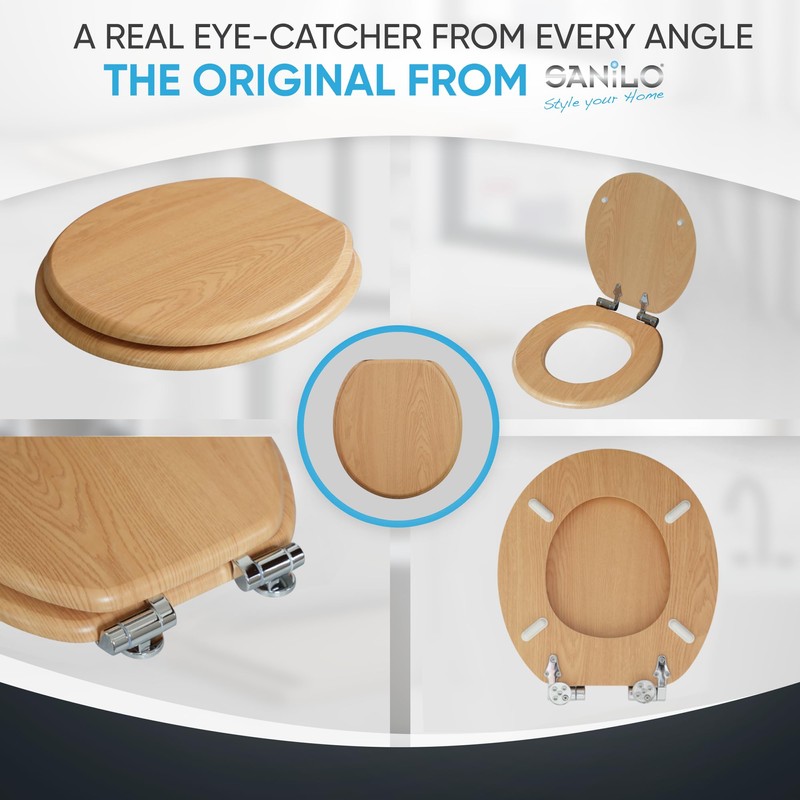 SANILO Wooden Toilet Seat with Soft Close [ROUND] - Decorative,