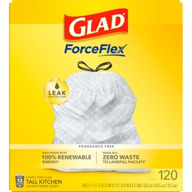 Glad Trash Bags, Tall Kitchen Drawstring Garbage Bags, 13 Gallon White Trash Bag for Kitchen Trash Can, Unscented, 120 Count