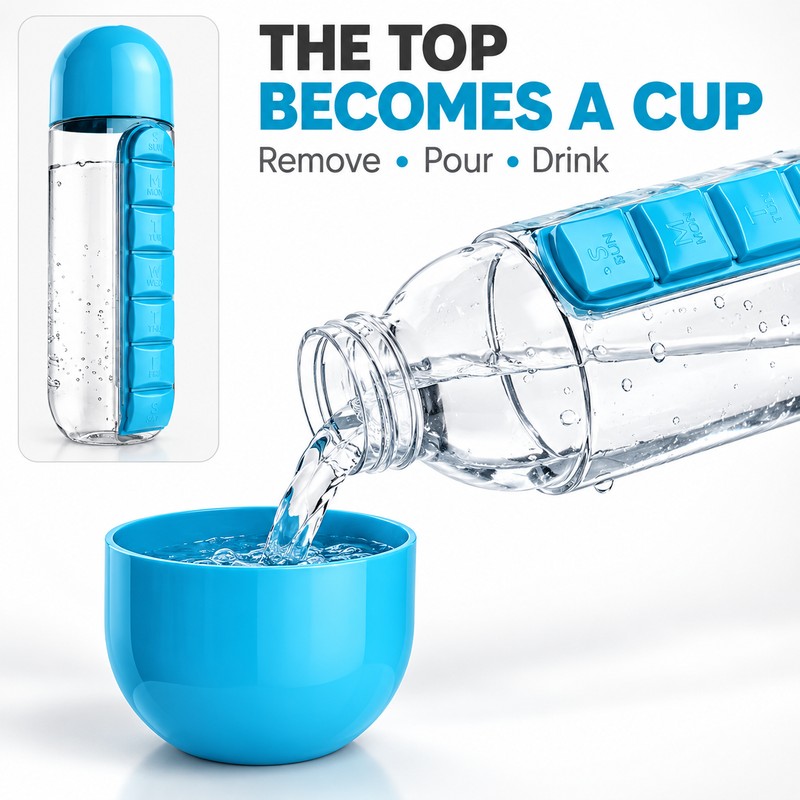 2 in 1 Water Bottle with 7 Day Pill Organizer