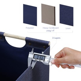 HOONEX Collapsible Storage Bins, 12x12x12in Storage Cubes Linen Fabric, 3 Pack, Storage Baskets with Wooden Carry Handles and Sturdy Heavy Cardboard, for Home, Office, Car, Nursery, Blue