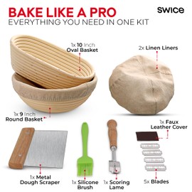 Swice Bread Proofing Basket Set, 9-Inch Round & 10-Inch Oval Banneton Sourdough Starter Kit with Lame, Dough Scraper, Linen Liner, and Basting Brush, Complete Bread Making Supplies and Tools