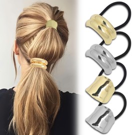 HIFANMM 4PCS Metal Hair Ties for Women Girls, Gold Silver Hair Accessories for Thick Hair, Shiny Metal Geometric Hair Ties Stretchy Non-Damage Ponytail Holders Hair Styling Hair Cuff for Holiday