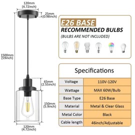 Industrial Pendant Lights, Modern Clear Glass Shade Pendant Lighting, Black Pendant Light Fixtures Ceiling Light, Farmhouse Pendant Lighting for Kitchen Island Hallway Porch Corridor Bedroom, 3-Pack