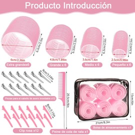 4 Tamaños de Rizadores de Cabello,50 pzs Juego de Rizadores de Cabello Grandes,25 mm/36 mm/48 mm/60 mm,Rizadores Autosujetantes con Clip para Cabello Largo,Cabello Corto con Flequillo,Rosa