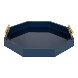 Kate And Laurel Lipton Mid-Century Octagon Tray, 18" x 18", Navy Blue and Gold, Chic Decorative Tray