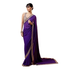 TRENDMALLS Women's Georgette Embroidery Saree with Unstitched Blouse Piece (K1139-Purple)