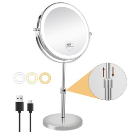 JANEEVA 10X Lighted Makeup Mirror with 3 Lighting Modes, 8" Dimmable Lights Height Adjustable Vanity Mirror with Lights, Rechargeable Double Sided 1X 10X Magnifying Mirror, 360°Rotation,Chrome