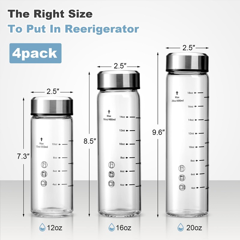 Olivego 12oz Juice Bottles - 4 Pack Wide Mouth Glass