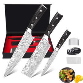 Meleho Professional Chef Knife Set,3pcs Kitchen Knife Set, High Carbon Stainless Steel Kitchen Knives Set with Finger Protection, Knife Sharpener,Meat Cleaver and Vegetable Kitchen Knife