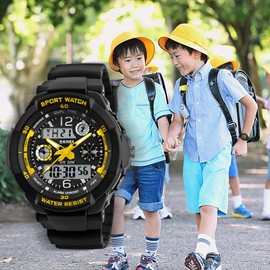 Wristwatch, Kids Digital Watch, 16.8 ft (50 m), Waterproof, Multifunctional, Sports, Boys Watch, Outdoor, Analog, Digital Display, Birthday Gift, 02-yellow