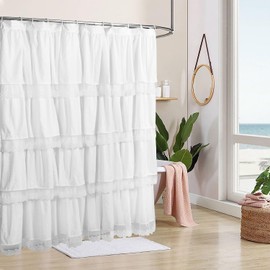 Homechoice Decor Elegant Off White Shower Curtain with Handmade Ruffles and Lace Trim, 72" x 72" Soft Microfiber Shower Curtains for Boho, Farmhouse, and Vintage Bathroom Decor, Machine Washable
