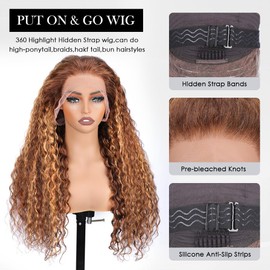 Ebarly Honey Blonde Hidden Strap 360 Full Lace Frontal Wigs Human Hair 4/27 Highlight Ombre Pre Plucked Bleached Knots 180 Density 360 Curly Wigs with Drawstring 22 inch