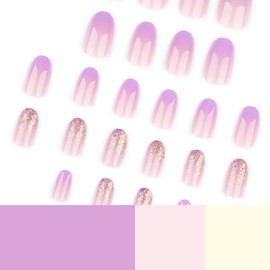 French Tip Press On Nails Short Round Almond Fake Nails with Design Glossy Acrylic False Nails Short Almond Glue on Nails Full Cover Thick Stick on Nails for Women Girls 24Pcs JP3732