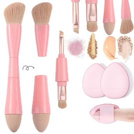 Viaje rochas para maquillaje, Brochas de Viaje, 4 en 1 Juego de brochas de maquillaje, brocha para base de doble punta para base, corrector, cejas, sombra de ojo, con 2 esponjas cosméticas (Rosa)