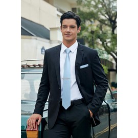 HISDERN Men's Light Blue Ties Set 3.4" Tie and Pocket Square with Clip Gents Solid Color Necktie Hankerchief Wedding Business Formal Classic Neckties Sets for Men