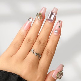 Sethexy Long Coffin Pink False Nails Handmade Rhinestone Glitter Luxury Fake Nails 3D Love Heart Crystal Pearl Press On Nails Glossy Acrylic Salon Quality Nail Art Removable for Women and Girls(B)