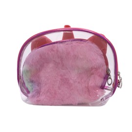 MOSSTYUS Plush Unicorn Cosmetic Bag Organizer 3 Pieces Travel Toiletry Set with Clear PVC Bag Makeup Pouch for Girls Women,Fuchsia