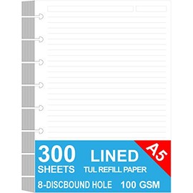 Junior Size Refill Paper - 8 Discs Discbound Notebook and Journal, Lined, 100gsm, White Paper, 300 Sheets/600 Pages, 5.8 X 8.25 in