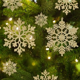 36pcs Christmas Snowflake Ornaments Plastic Glitter Snowflakes Ornaments for Xmas Tree Decorations, 4-inch, Gold