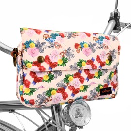 TOURBON Bike Bag Waxed Canvas Bicycle Handlebar Bag Zipper Closure Pouch Crossbar Front Frame Basket Cycling Saddebag Under Seat Strap-on Rear Rack Pannier (White with Flower (type 2))